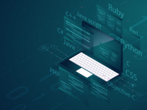 Software development programming concept. Isometric illustration of laptop with multiple programming language on green matrix coding background.