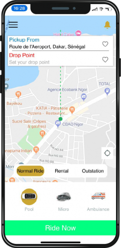 capture d'écran d'une application mobile taxi affichant lea géolocation