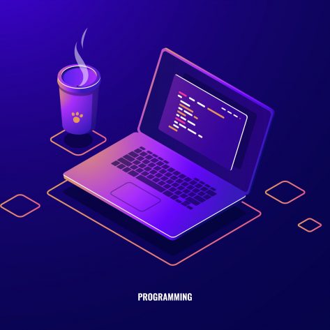 Laptop with program code isometric icon, software development and programming applications dark neon